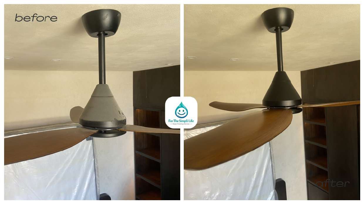 Before and after dusting and detailing of a villa ceiling fan in Bali