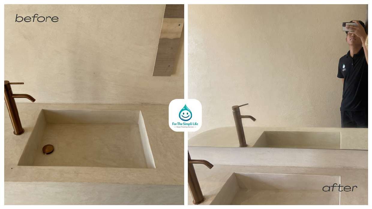 Before and after deep cleaning of a concrete villa sink basin in Bali