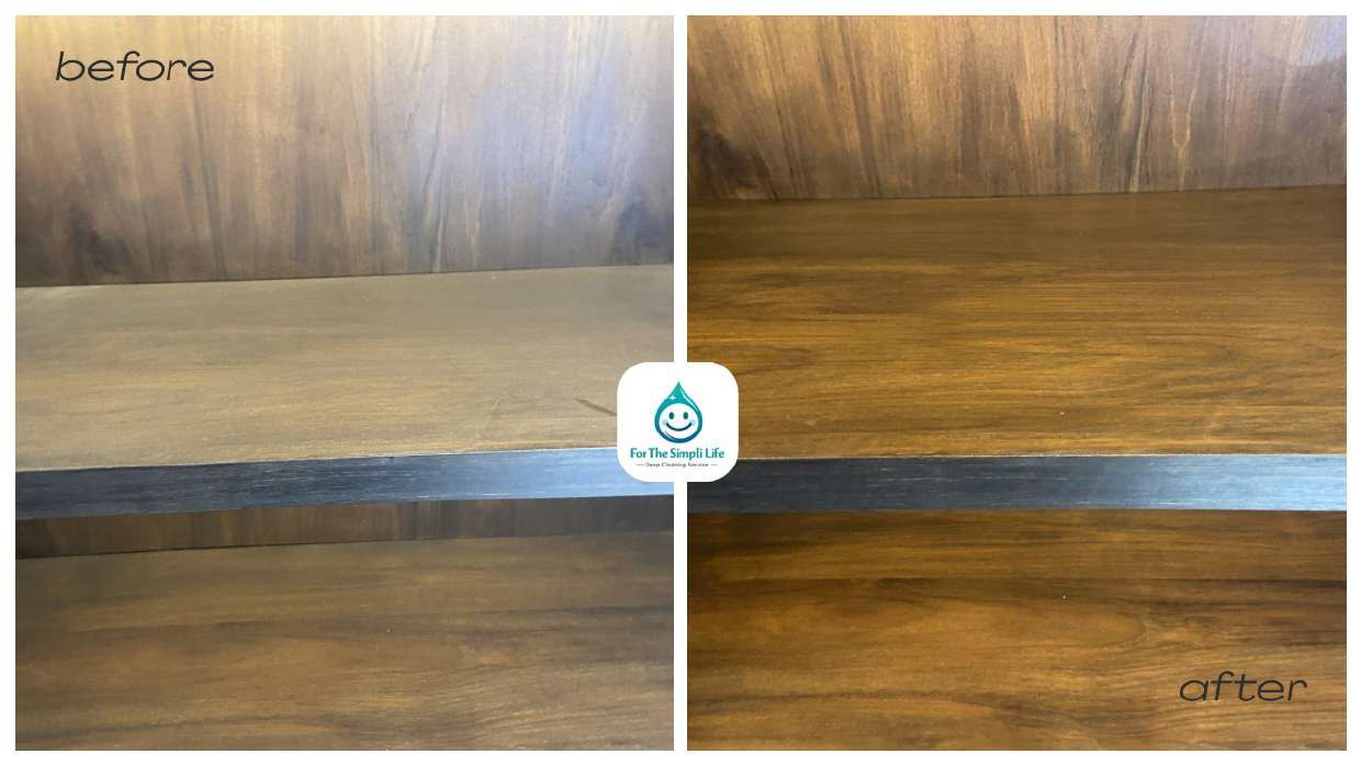Before and after cleaning of villa timber shelving in Bali